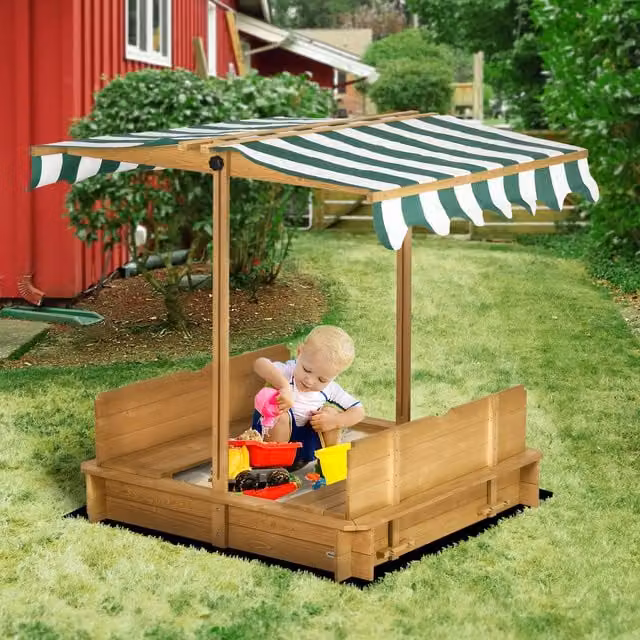 Outsunny Kids Sand Pit Bench with Adjustable Canopy in Light Brown