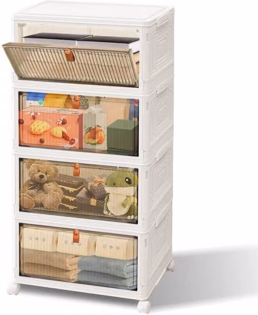 Kelvenix 4 Tier Stackable Plastic Storage Box with Wheels and Lid, White, W/D/H: 79 x 39 x 28 cm