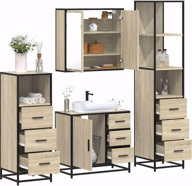 Berkfield Home 4-Piece Industrial Bathroom Furniture Set in Brown Sonoma Oak – 1