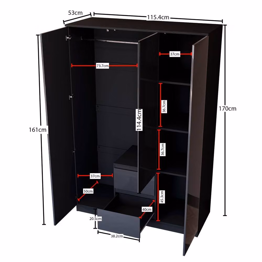 HD Designs Glinton High Gloss 3 Door 2 Drawer Wardrobe in Black – 2