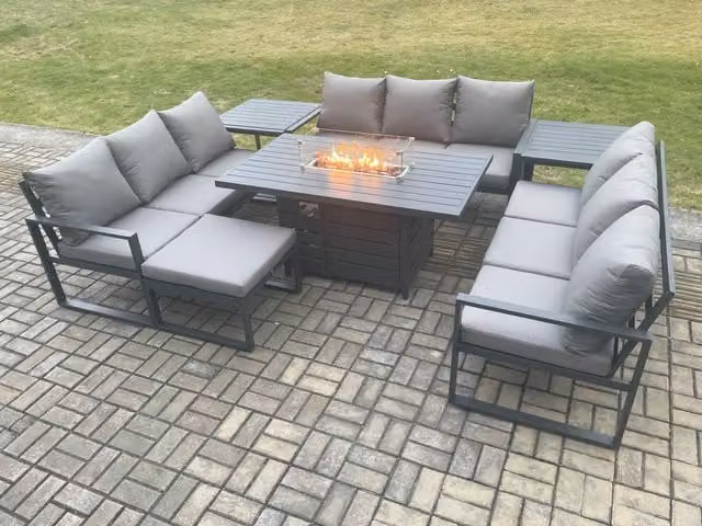 Fimous 10 Seater Aluminium Garden Furniture Set in Dark Grey with Gas Fire Pit Dining Table, Lounge Sofa, Footstool and 2 Side Tables