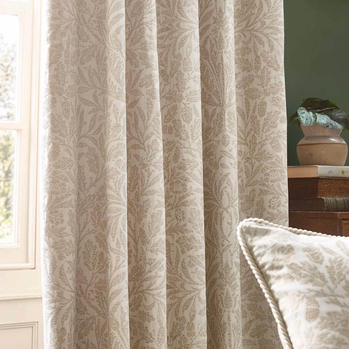 Morris & Co Acorn Tonal Matt Jacquard Pencil Pleat Curtains in Ivory, Width: 168 cm, Drop: 229 cm – 5