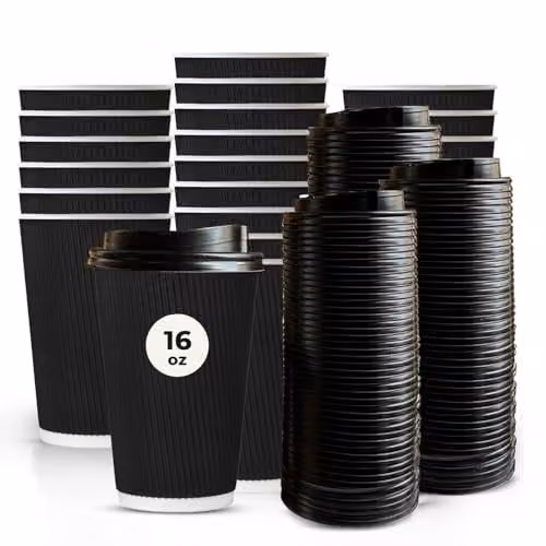 ECONX 500 Disposable Black Kraft Ripple Paper Coffee Cups with Lids, 16oz Insulated 3-Ply Takeaway Cups for Hot Beverages