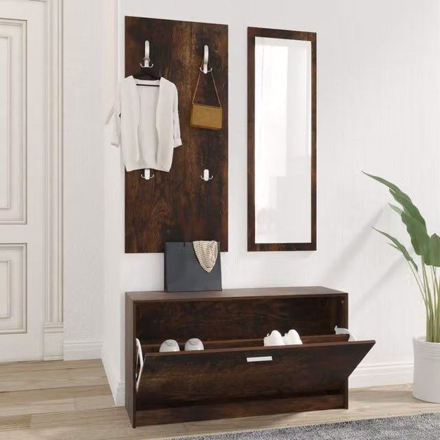 Berkfield Home 3-in-1 Shoe Cabinet Set with Mirror and Wall Rack in Smoked Oak Brown – 1