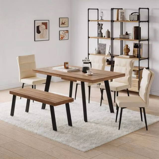 FURNITURE ONE 6-Piece Extendable Dining Set in Beige Oak with Rectangular Table, 4 Chairs and Bench