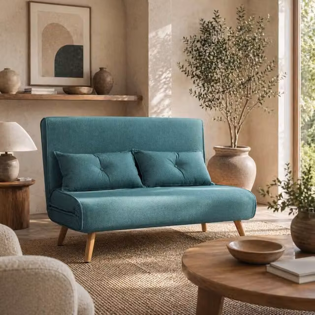 Wyld Haus Baroma Tadi Green 2 Seater Linen Look Click Clack Sofa Bed with Scatter Cushions