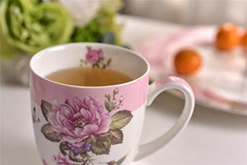 London Boutique Set of 4 Floral Ceramic Porcelain Mugs in Beige, Pink, Petrol and Blue, 330ml per mug – 2