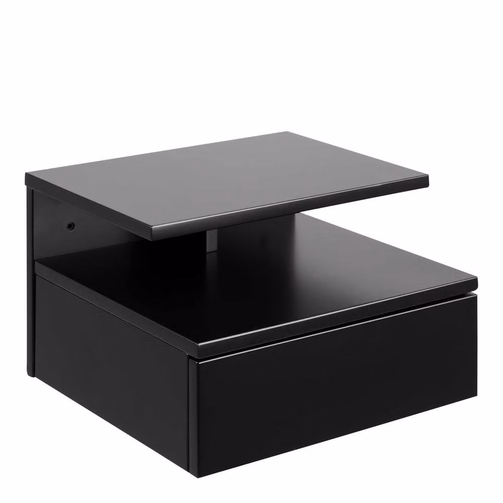 Wyld Haus Lincoln Black Floating Wooden Bedside Table with 1 Drawer and Open Shelf, W: 35.0 cm, D: 22.5 cm, H: 32.0 cm – 2
