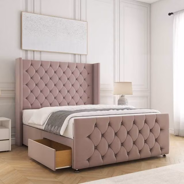 BSSPOKE Florida Plush Velvet Divan Bed with 2 Drawers and 54 inch Headboard in Pink, Super King, W/D/H: 200 x 160 x 50 cm