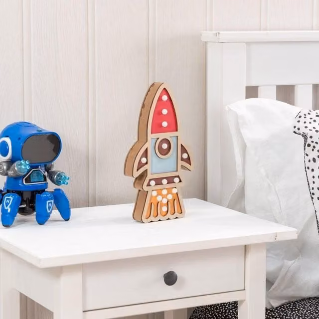 ValueLights Kids Battery Powered Wooden Rocket Wall or Table Lamp in White and Multicolour