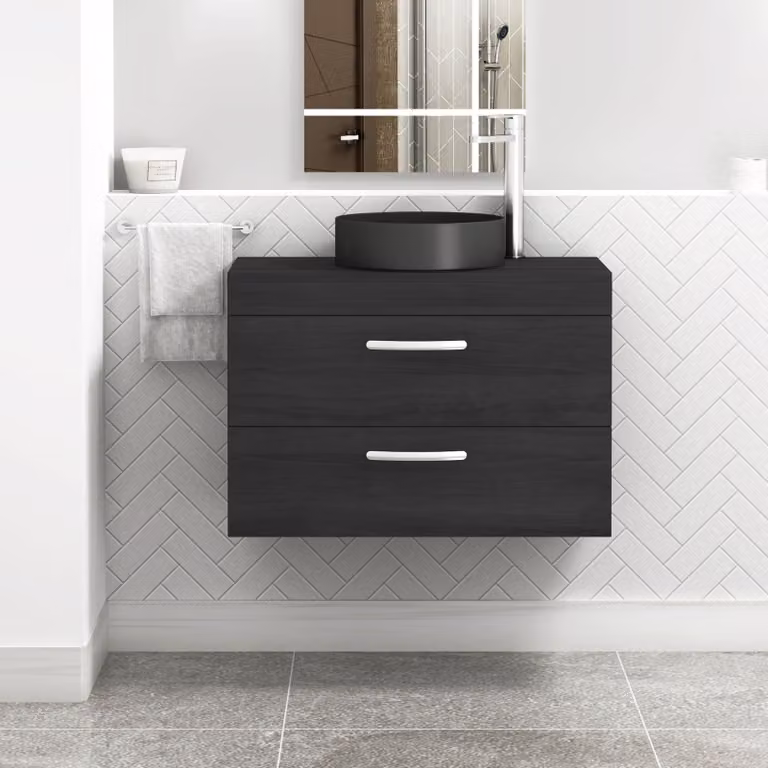 Royal Bathrooms Hale 800mm Wall Hung 2 Drawer Vanity Unit in Black with Art Round Ceramic Countertop Basin