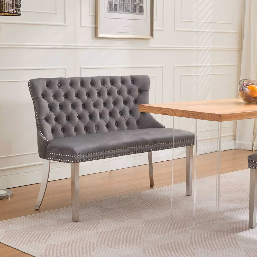 HomeTouch Grey Velvet Double Dining Bench Loveseat with Chrome Steel Legs – 2