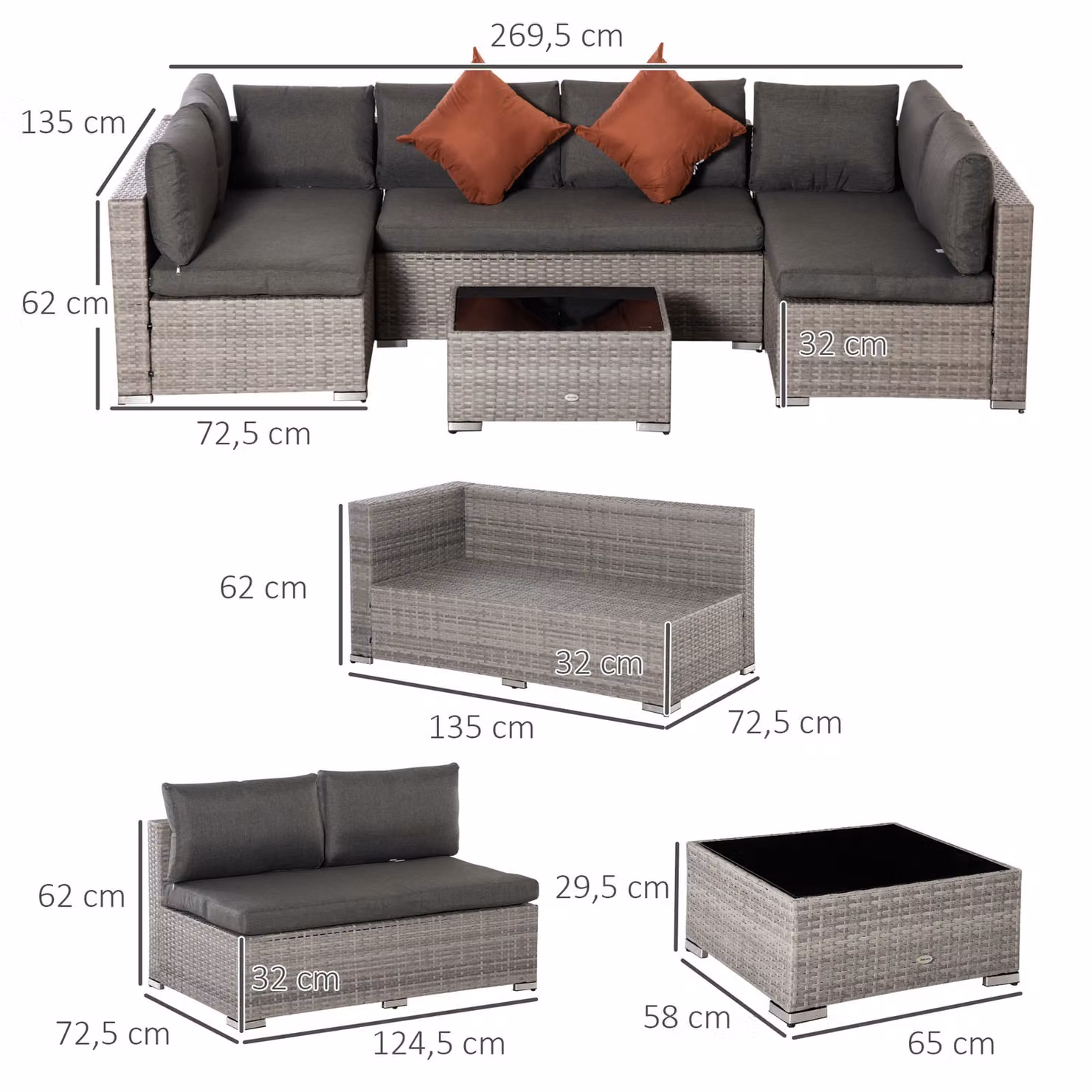 Outsunny 6-Seater L-Shape Garden Rattan Furniture Set with Upholstered Cushions and Tempered Glass Coffee Table in Black and Grey – 3