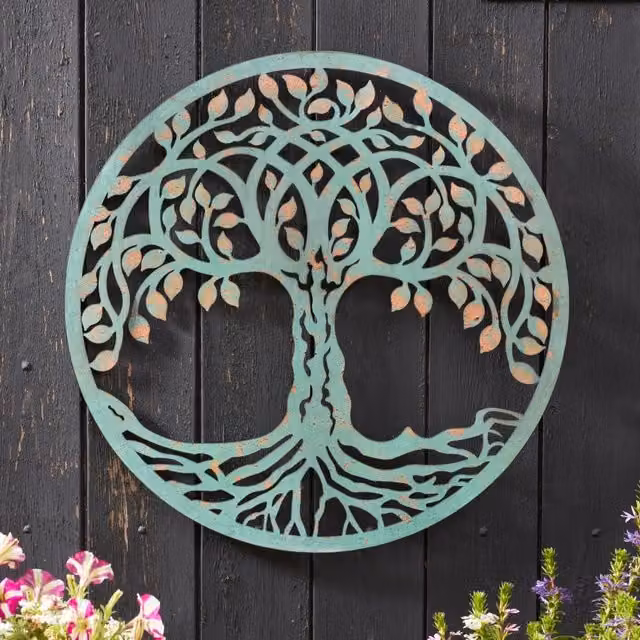 mysmartbuy Tree of Life Verdigris Metal Wall Art, Green and Turquoise Floral Iron Sculpture, Diameter: 60 cm – 1