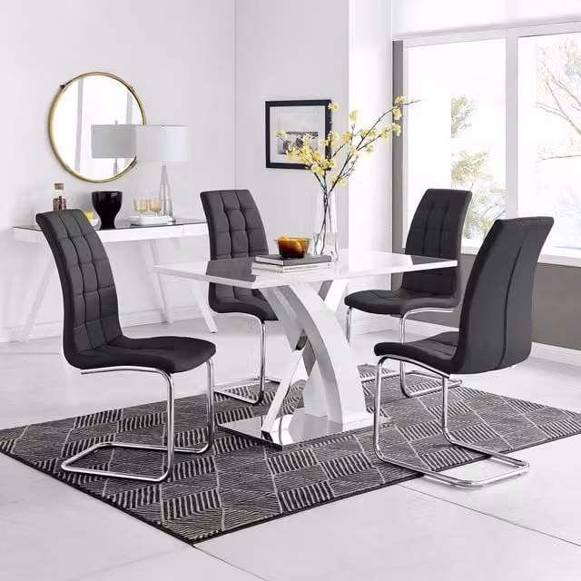 FurnitureboxUK Atlanta White Gloss and Chrome Rectangle Dining Table and 4 Murano Dining Chairs in Black