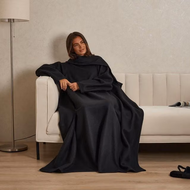 OHS Polar Fleece Wearable Blanket Wrap Throw with Sleeves, Black