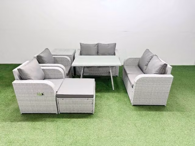 Fimous 7 Seater Rattan Garden Furniture Set in Light Grey with L-Shape Sofa, Armchairs, 2 Seater Sofa and Ottoman