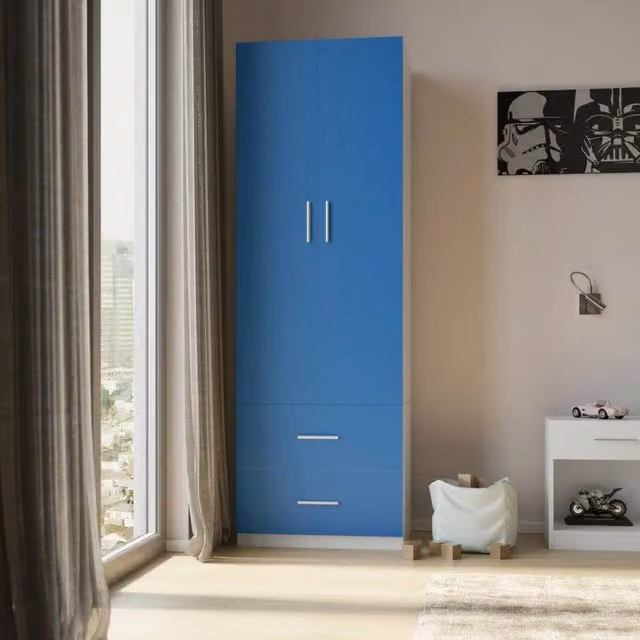 Kelvenix Blue Wooden Compact Wardrobe with 2 Doors and 2 Drawers, H 180 x W 60 x D 46.5 cm