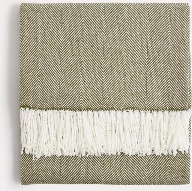 M&S Green Herringbone Woven Throw with Fringes
