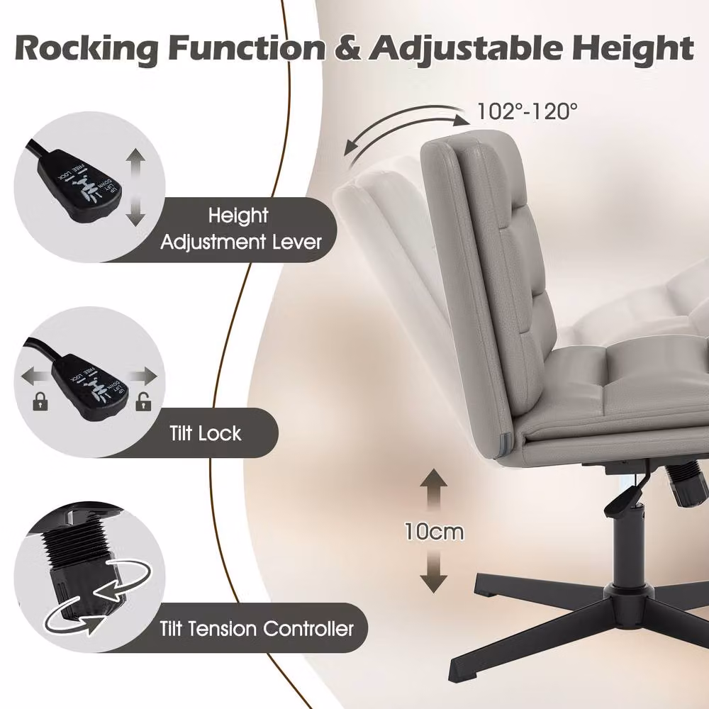 Gymax Height Adjustable Mid-Back Cross Legged Makeup Vanity Chair in Grey PU Leather – 5