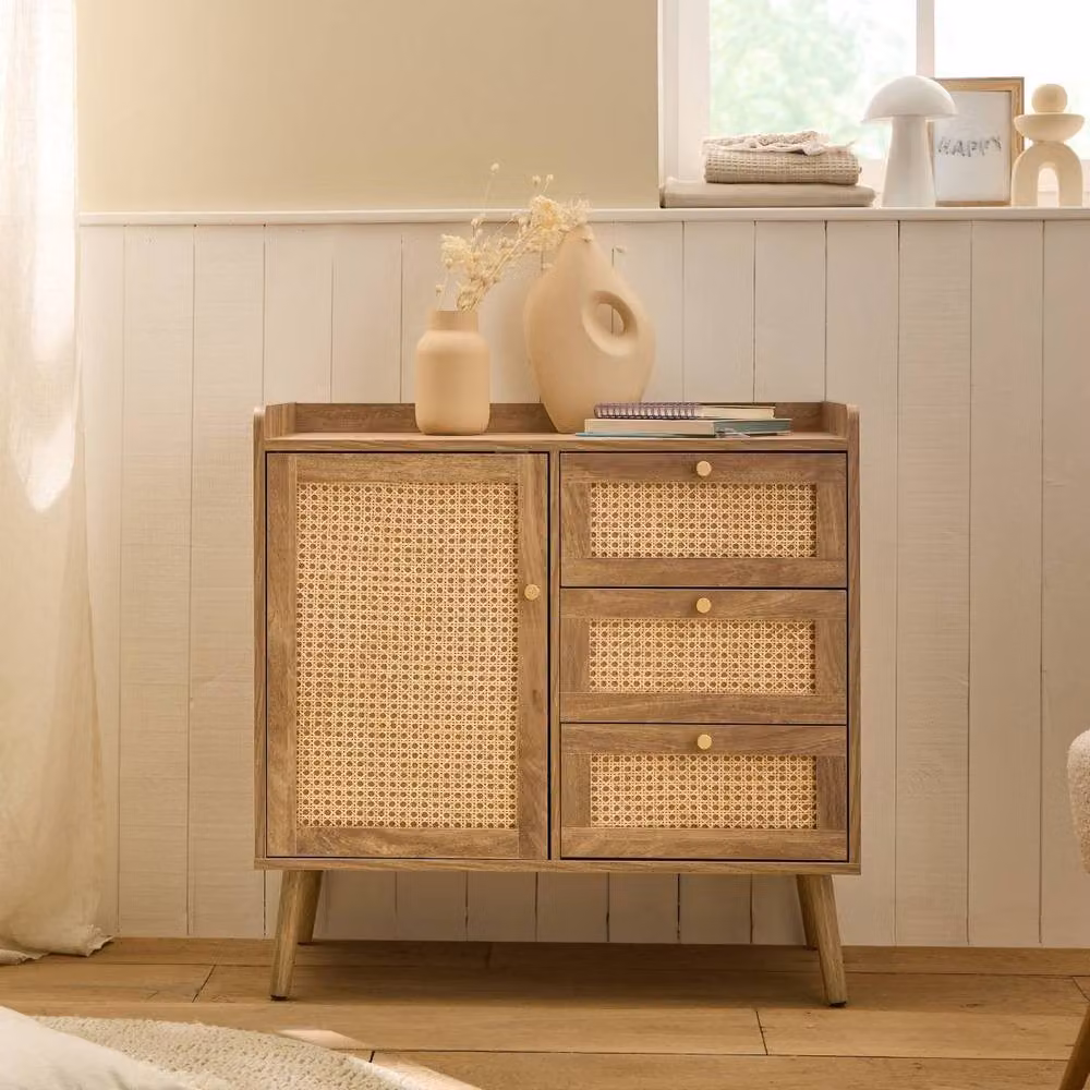 CALICOSY Chest of Drawers with 1 Door and 3 Drawers, Rattan Fronts and Wood in Light Brown, W/D/H: 79.5 x 39.0 x 80.0 cm – 2