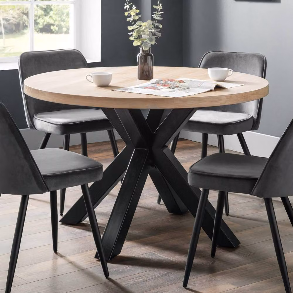 Cheshire Bexford Round Oak Wood Dining Table in Brown and Black with X-Frame Base, Diameter: 120 cm – 2