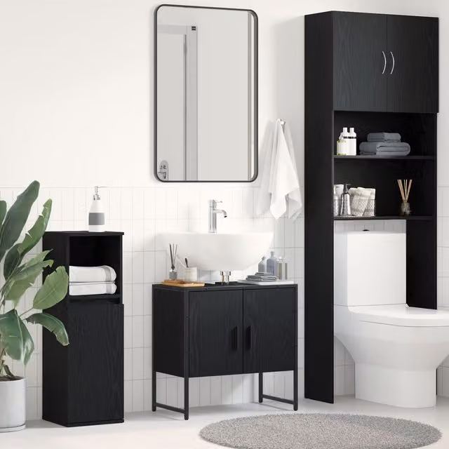 Berkfield Home Modern Black Oak Bathroom Sink Cabinet with Hinged Doors and Internal Shelves, W/D/H: 60 x 33 x 60 cm