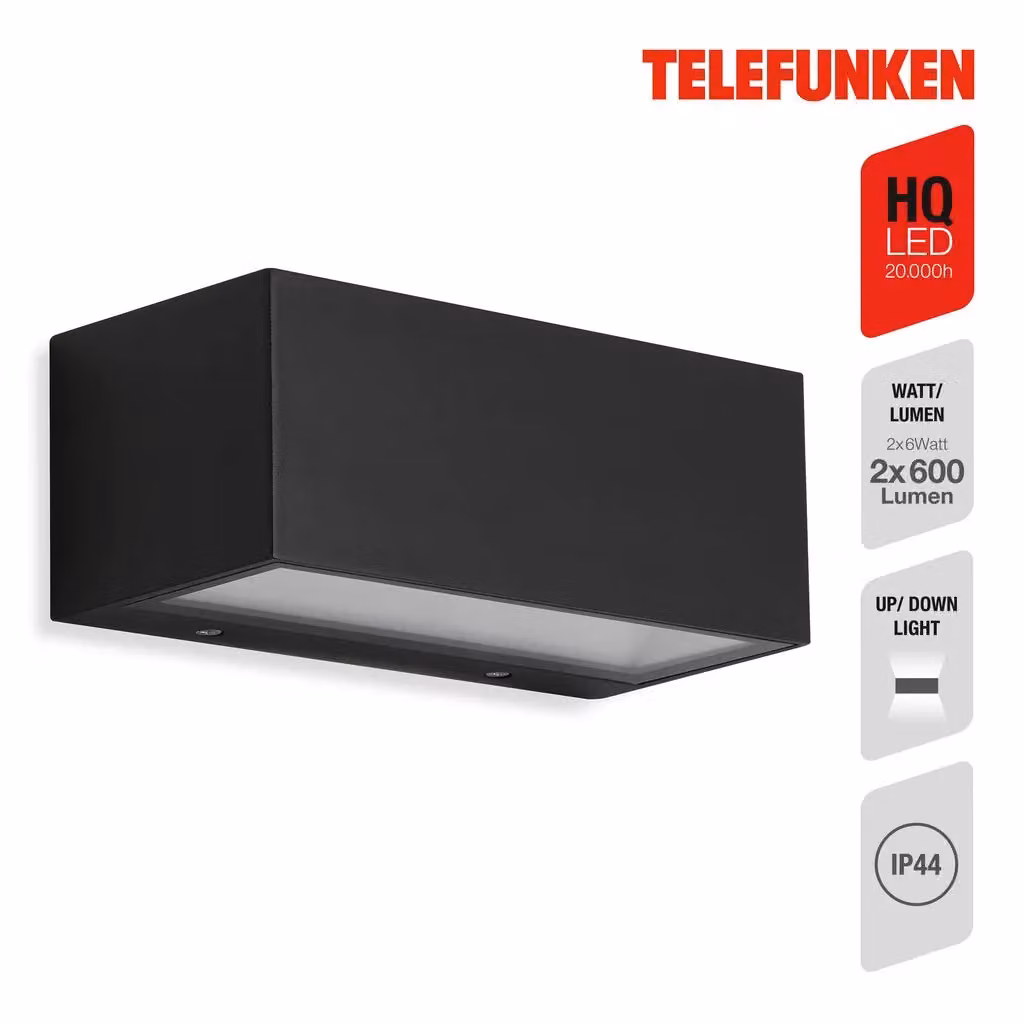 TELEFUNKEN Black Modern LED Outdoor Wall Light with Metal and Glass Housing – 2