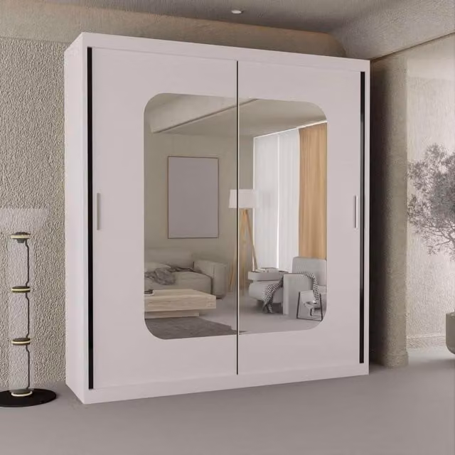 Merikan White Double Sliding Mirror Door Wardrobe W/H: 217 x 203 cm