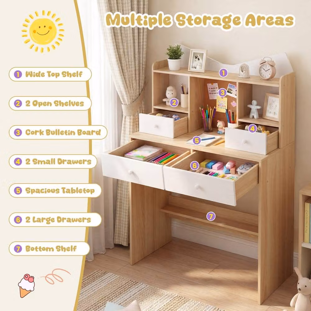 Costway Kids Wooden Study Desk and Chair Set with 4 Drawers in Natural Wood Finish – 2