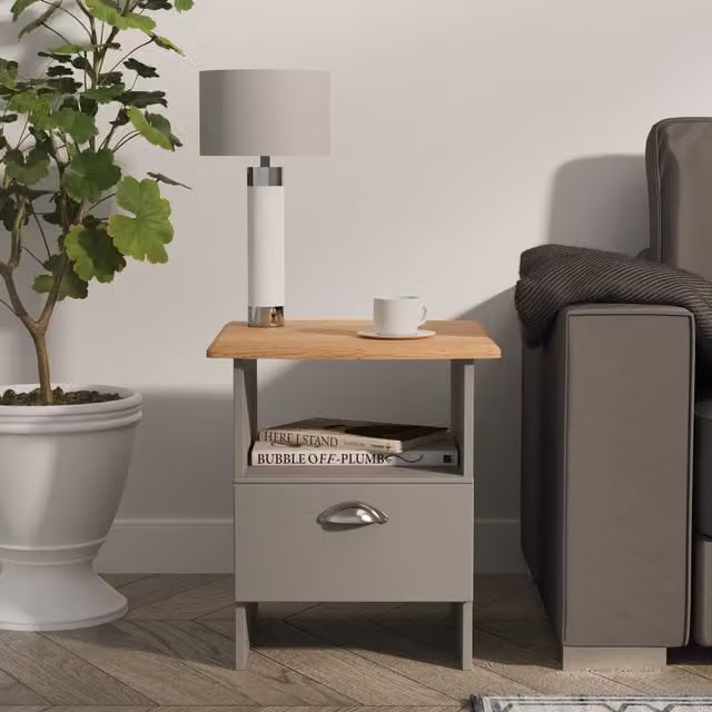 Victoria Ready Assembled Bottom Drawer Lamp Table in Dusk Grey and Riviera Oak