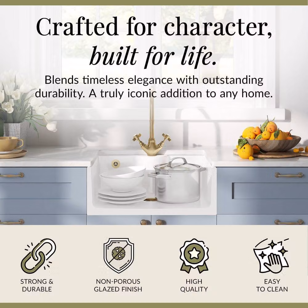Balterley White Ceramic Single Bowl Butler Kitchen Sink with Two Handle Mono Mixer Tap and Pop Up Waste in Brushed Brass – 2
