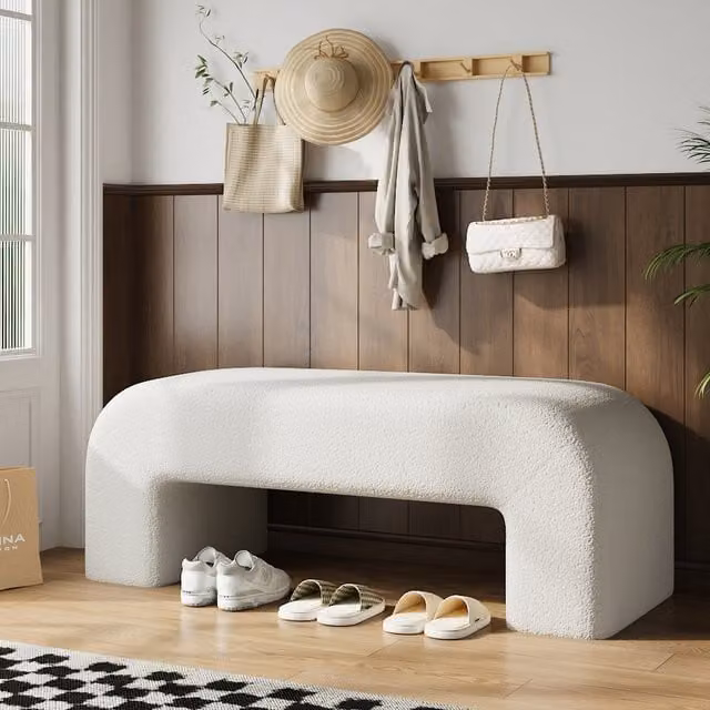 Livingandhome White Bouclé Fabric Minimalist Bench