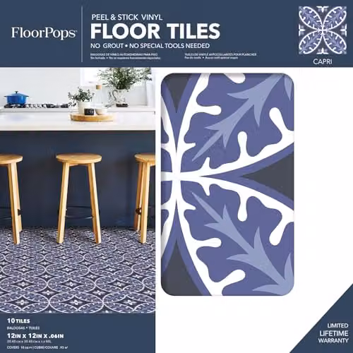 FloorPops FP3309 Capri Self-Adhesive Floral Peel and Stick Floor Tiles, Multicolour and Purple – 2