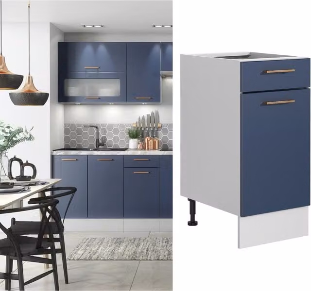 Impact Furniture Nora 400mm Kitchen Base Drawer Unit with Navy Blue Matt Doors and Grey Body, W/D/H: 40.0 x 46.3 x 87.0 cm