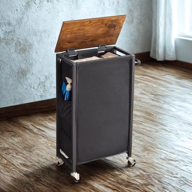 FURNOS Industrial Laundry Basket Trolley with Shelf, Lid and Wheels in Black, W/D/H: 74 x 40 x 43.4 cm