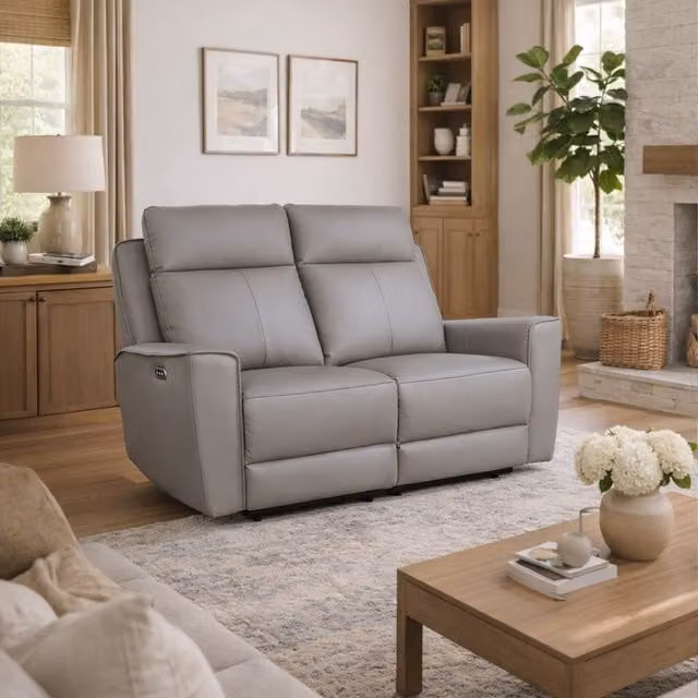 Aspire Rivington Real Leather 2 Seater Power Recliner Sofa with USB Charging in Grey