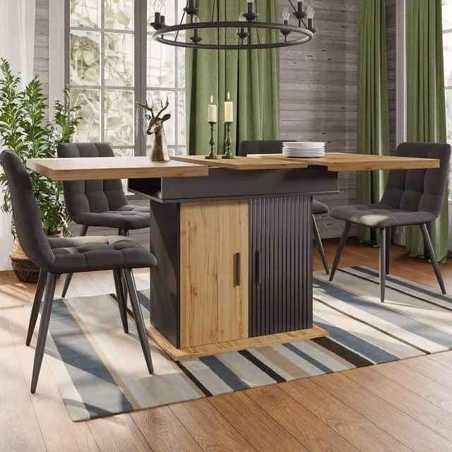 Merax Extendable Telescopic Rectangular Dining Table with Smart LED Light and Storage Base in Black