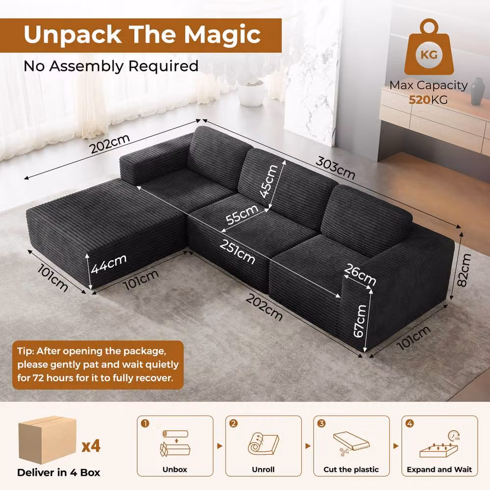 Dprodo Black Corduroy Modular L-Shape Sofa with Matching Ottoman and Removable Covers – 2