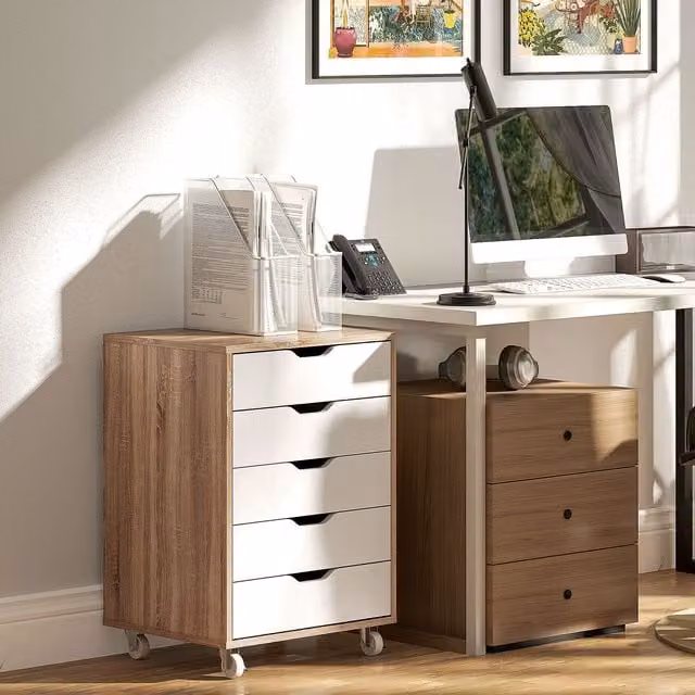 Vinsetto 5-Drawer Mobile Filing Cabinet with Castors, Oak and White – 1
