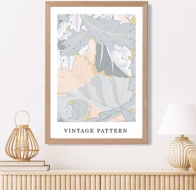 ARTZE William Morris Wreath Floral Art Print in Green and Peach with Oak Wood Frame, Size A2