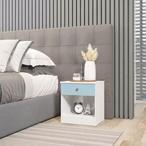 Seconique Denver 1 Drawer Bedside Table in White and Blue Gloss – 2