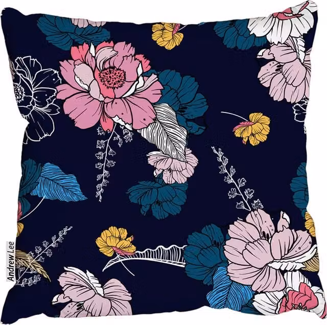 Andrew Lee Dark Blooming Flower Square Cushion in Black, W/D: 60 x 60 cm