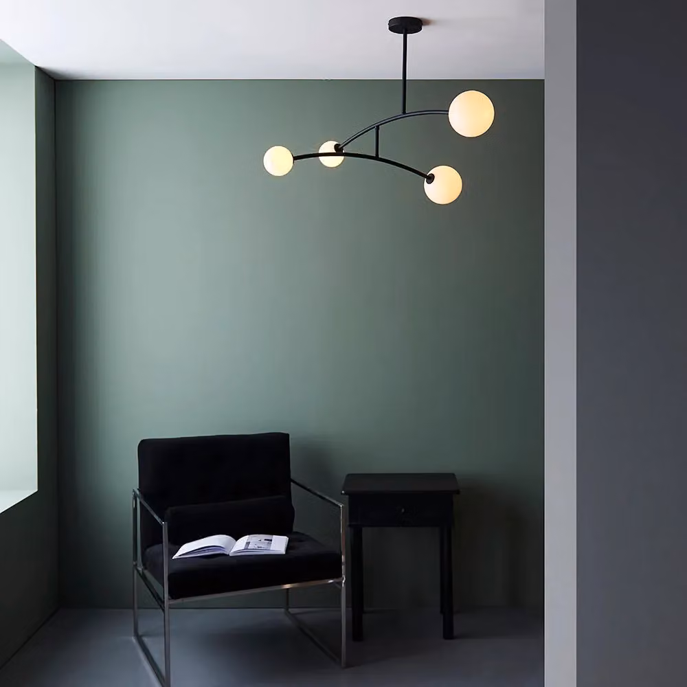 Loops Matt Black Swing Arm Ceiling Light with Transparent Glass Sphere Shades and 4 Bulb Fitting – 3