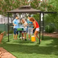 Costway Grill Gazebo Outdoor Barbecue Canopy Tent with Side Awning, Brown, W: 318 cm, D: 153 cm, H: 242 cm – 4