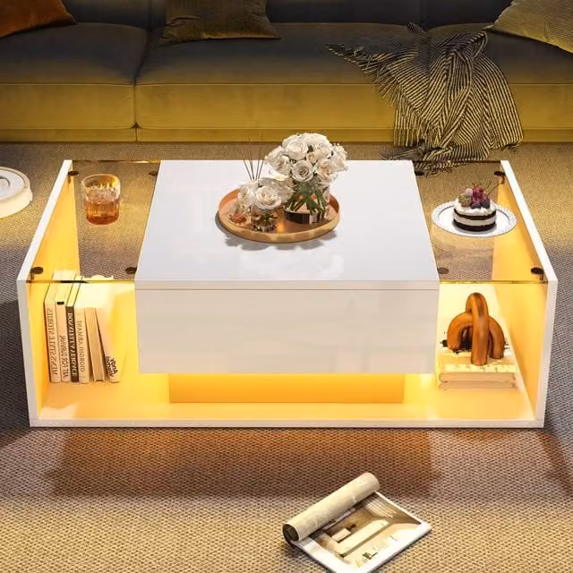 BTM High Gloss LED Coffee Table with 2 Drawers in White, W: 100 cm, D: 50 cm, H: 31 cm