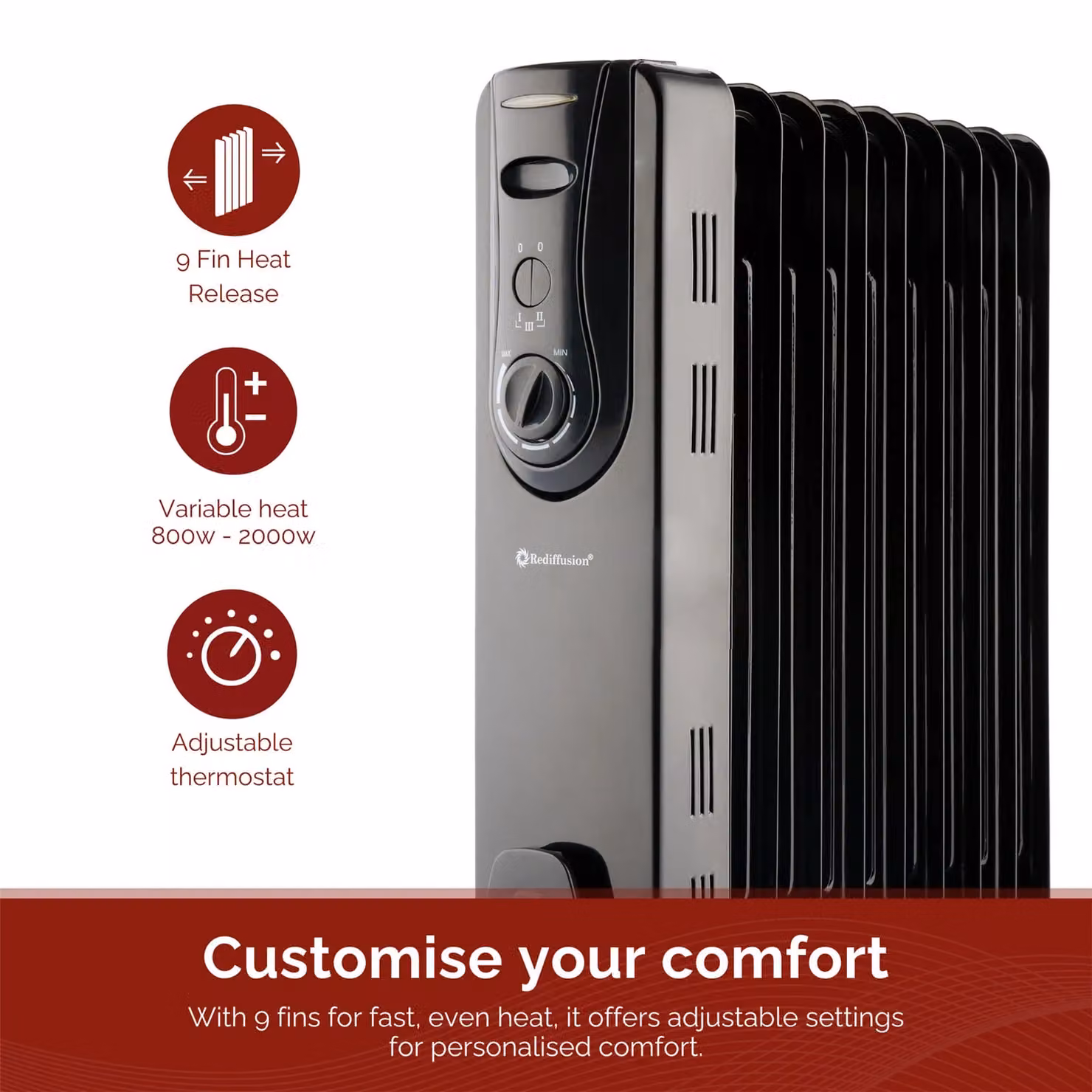 Rediffusion 2kW 9 Fin Oil Filled Radiator in Black – 5