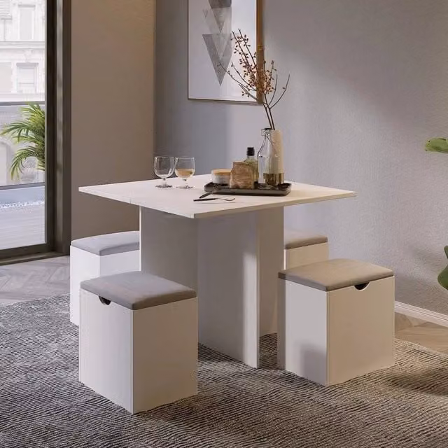 EONLION 5 Piece White Wooden Dining Table and Chairs Set, W: 100 cm