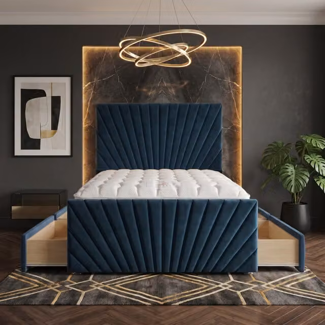 Somnior Beds Ltd Blue Velvet Hybrid Divan Bed with Drawers, W/D/H: 140 x 200 x 115 cm