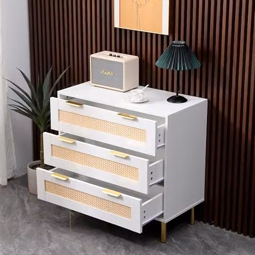 Moderna Chest of Drawers with Rattan Fronts and Gold Accents, White, W/D/H: 80 x 40 x 77 cm – 2